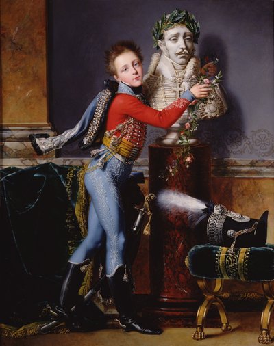 Portret van Edouard Cesar de Laborde die de buste van zijn vader met bloemen versiert door Alexandre Jean Dubois Drahonet
